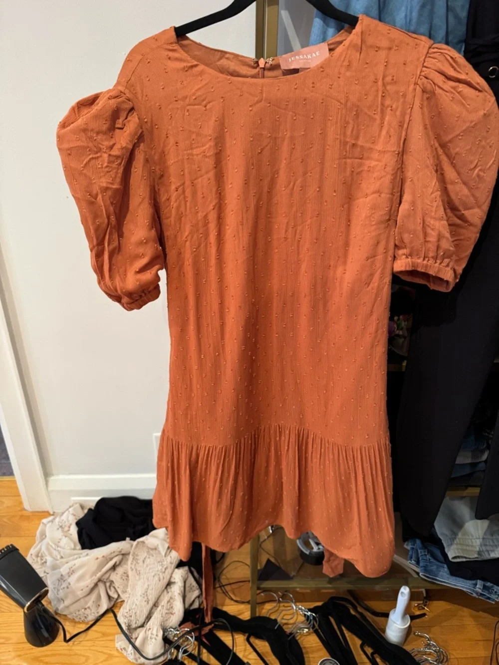 Jessakae burnt orange textured puff sleeve mini dress - Picture 2 of 8